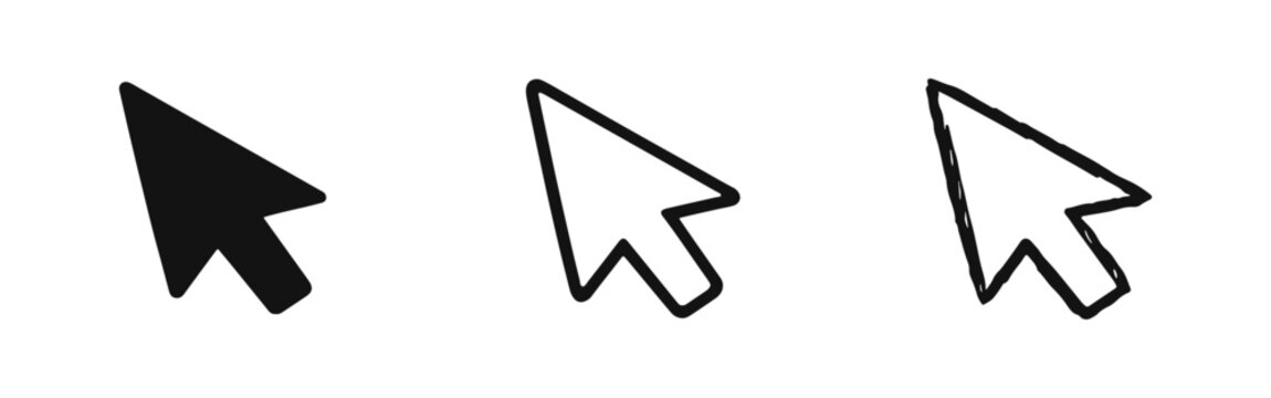 Mouse cursor pointer icons in solid, outline, and hand-drawn doodle styles.