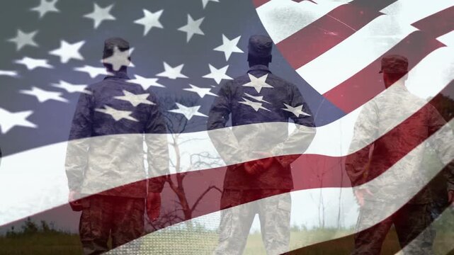Soldiers walking to horizon, causing flag overlay waving then covering halting ranks, honoring duty