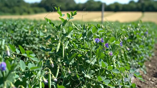 Closeup of delicate purple pea flowers blooming on green vines in a sunlit field with a blurred background of agricultural crops.