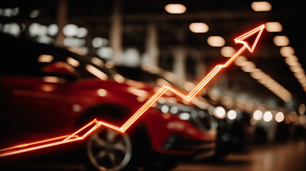 Automotive Industry Growth: A dynamic image showcasing a bright upward arrow overlaying a row of vehicles, symbolizing expansion, progress, and rising sales trends in the automotive sector.