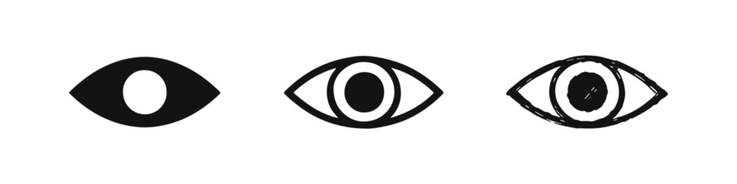 Eye icon set: simple, outlined, and hand-drawn styles. Vector illustration of a human eye symbol for vision or visibility.