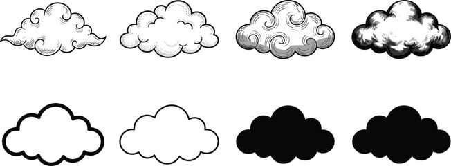 Obraz premium Set of eight stylized cloud illustrations with textured artistic swirls and simplified solid icons for creative vector art and modern graphic design projects