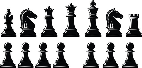 Black Silhouettes Of Chess Pieces Including King Queen Knight Bishop Rook And Pawns vector illustration © Ashraful