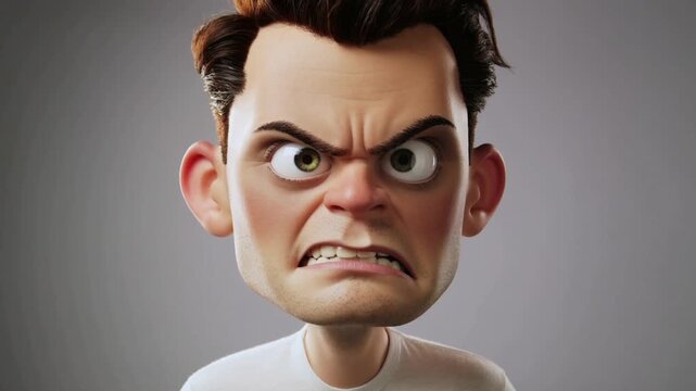 An angry cartoon character with furrowed brow and intense gaze is depicted in a 3D illustration, angry cartoon-34.mp4 reference