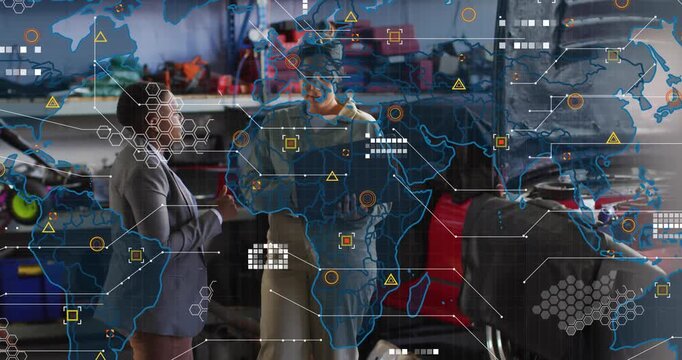 Tech holding laptop, mgr gesturing phone, initiating reviewing specs while auto map overlay growing