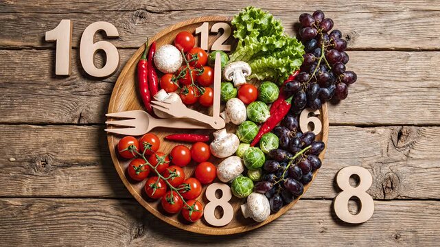 Intermittent fasting concept clock with fresh produce