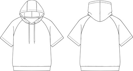 Women short sleeve hoodie vector template, front and back view pullover sweatshirt technical fashion flat sketch illustration design © MstSalema