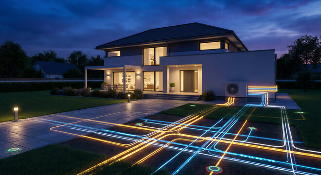 Visualization of underground smart utility lines and geothermal heating systems for a sustainable modern residential building.