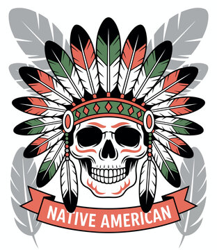 Bold Tribal Skull Graphic with Decorative Feathered Warbonnet Design