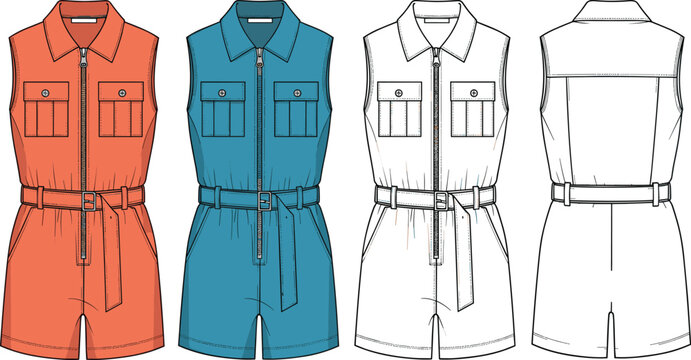 Women sleeveless utility romper vector template, front and back view belted playsuit with zipper and pockets, technical fashion illustration set