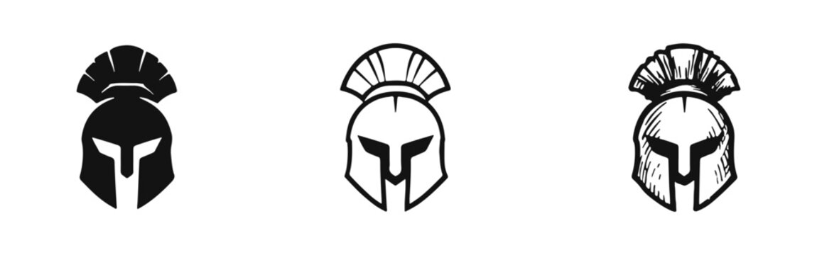 Spartan Helmet with Crest Icon Set - Ancient Greek Warrior Headgear Symbol in Various Styles