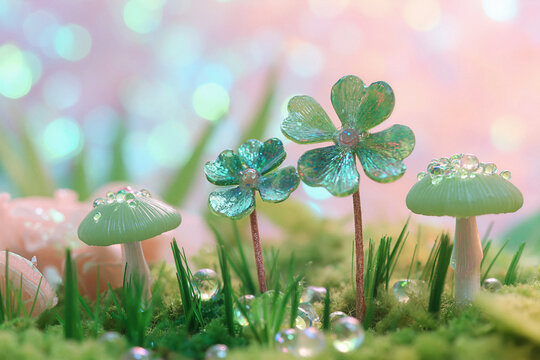 Miniature enchanted garden diorama with glowing glass clovers and tiny glowing mushrooms on moss. Magical fairy tale forest scene with bokeh lights and pastel colors, dreamy fantasy landscape.