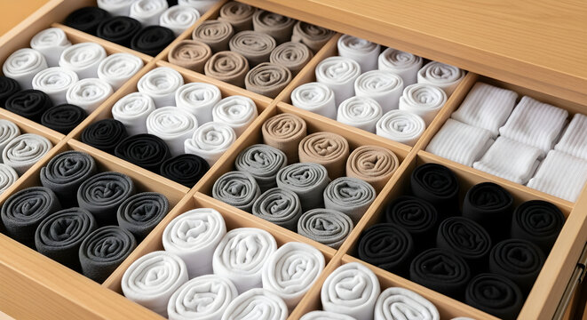 Organized Socks in a Wooden Drawer with Multiple Compartments, Viewed from Above