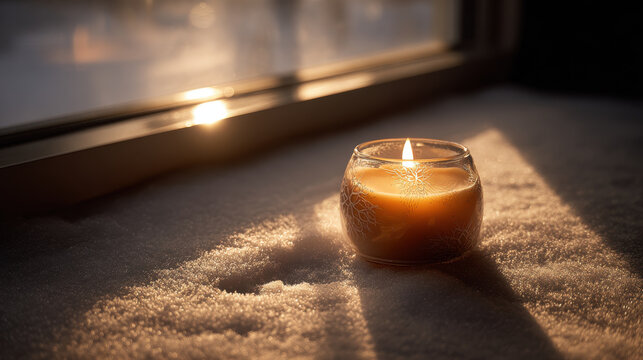 Cozy winter evening with a lit candle on a snowy windowsill, warm light glowing. A single lit candle in a glass jar sits on a windowsill covered in soft snow, bathed in warm glow of sunset or sunrise