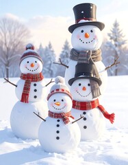 Obraz premium Snowman family! Three snowmen in winter attire stand in a snowy field with trees in the background