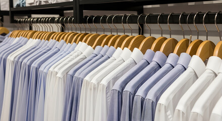 Fototapeta premium A row of men's shirts on hangers in a clothing store viewed from the side