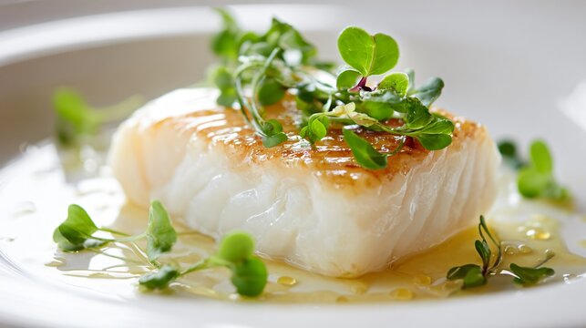 Delicate halibut fillet poached in butter and finished with light Prosecco grape sauce, tender flaky texture visible, plated with microgreens, fine-dining seafood presentation