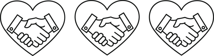 Obraz premium Handshake in heart line icons set, partnership agreement love and trust business collaboration outline vector illustration collection