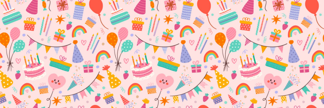 Happy birthday cute seamless pattern with balloons, gifts, confetti and cake. Bright Festive party decor. Trendy modern vector illustration, background, flat hand drawn design for wrapping paper