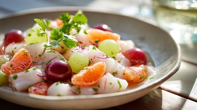 Fresh white fish ceviche tossed with halved grapes, orange segments, lime juice and splash of chilled Prosecco, vibrant glossy textures, plated in shallow stone bowl with micro cilantro garnish
