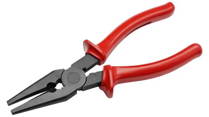 A pair of red-handled needle-nose pliers with long jaws on a white background.