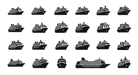 Collection of cruise ship illustrations in various perspectives and designs for maritime themes. © Plus