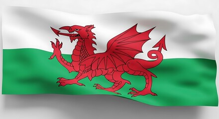 Waving white and green flag with a red dragon in the center.