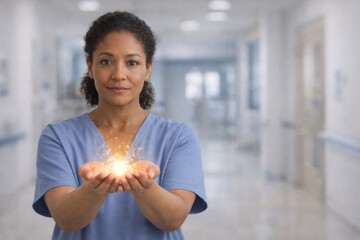 Naklejka na ściany i meble International womens day healthcare professional holding light, Give to Gain Campaign 2026, 8 march theme