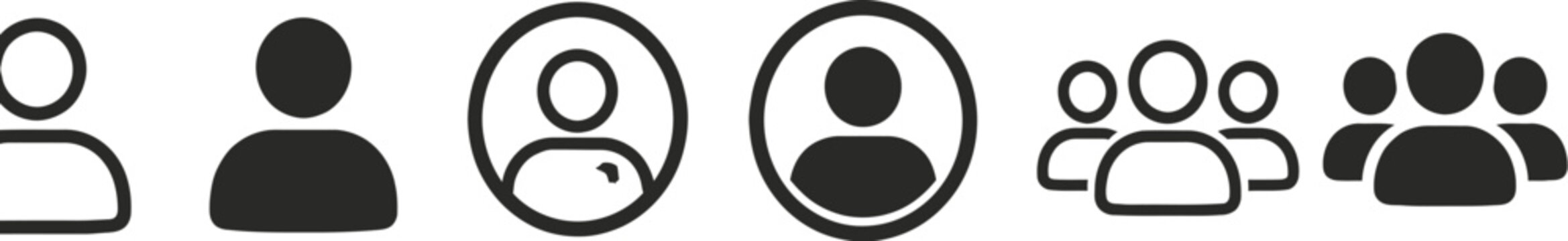 User profile and people icons used for personal information symbols, avatars, and member pictograms. 