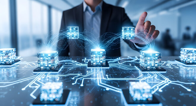 Businessman touching glowing digital cubes connected by light networks symbolizing blockchain data integration and strategy
