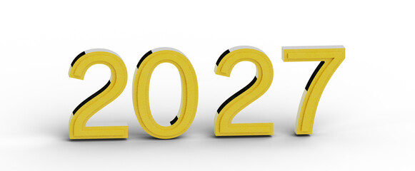2027 written in 3D gold color against a white background, symbolizing future, planning, and new beginnings. Ideal for b