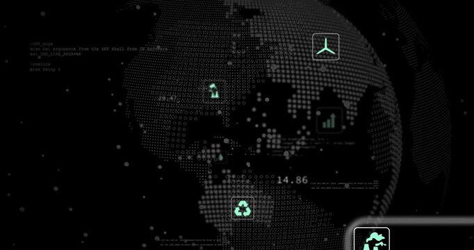 Data feed arriving, dot globe rotating, teal icons popping, readouts updating, showing eco metrics