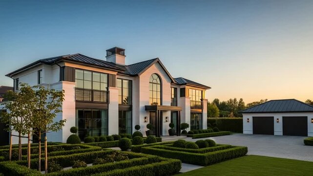 Modern luxury suburban house exterior with landscaped garden at sunset