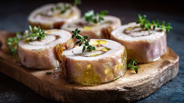 Rolled poultry galantine served chilled and glazed lightly with grape Prosecco aspic, clean decorative slices plated symmetrically, classic French charcuterie presentation
