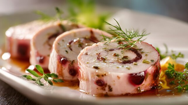 Rolled poultry galantine served chilled and glazed lightly with grape Prosecco aspic, clean decorative slices plated symmetrically, classic French charcuterie presentation