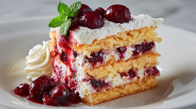 Tall slice of layered sponge cake soaked lightly with Prosecco syrup and layered with grape compote and whipped cream, clean cross-section layers, elegant dessert plating