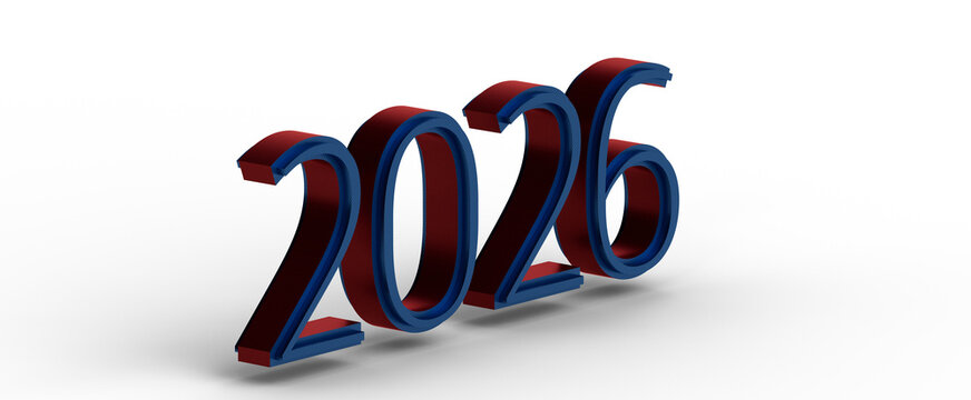 Bold 3D rendering of the year 2026 in red and blue on a white background. Perfect for futuristic concepts and design nee