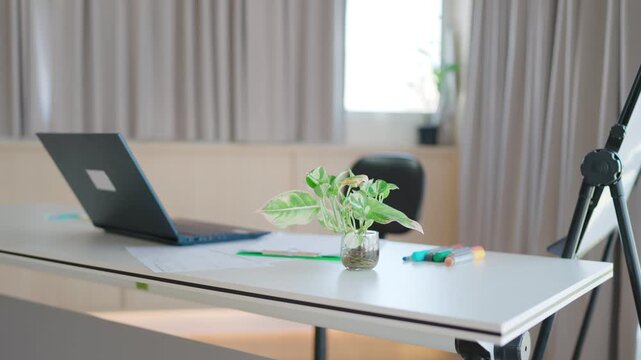 Empty modern office workspace featuring open laptop computer and small green potted plant situated on wooden table near large window with city skyline view for business background