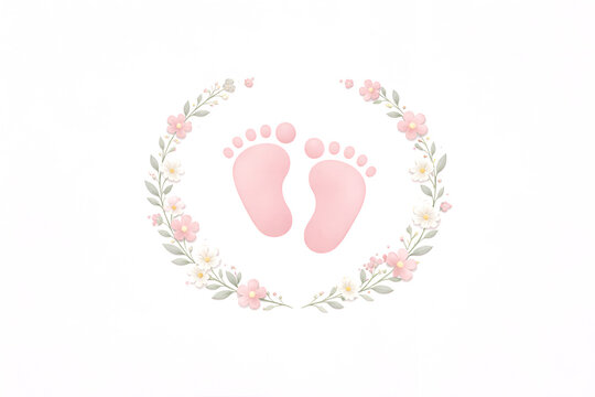 Delicate newborn baby gorl card design with pink baby footprints framed by a soft floral wreath on a light background. Minimalist baby shower or birth announcement concept with copy space for text.