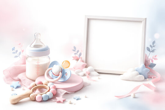 Soft greeting card for a newborn baby girl. Light baby background with copy space in a frame, featuring a baby bottle, pacifier, wooden rattle, pink accessories, clouds, and stars.