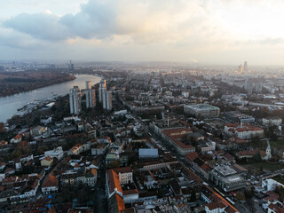 Obraz premium Drone flight at sunset above the Zemum district, Belgrade, Serbia, Europe.