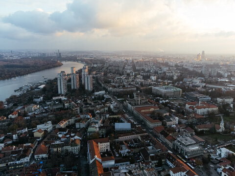 Drone flight at sunset above the Zemum district, Belgrade, Serbia, Europe.