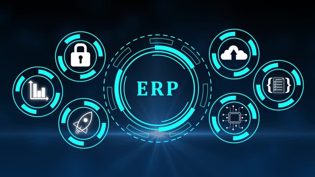 ERP platform visual showing centralized system for enterprise resource planning, improving integration, data flow, business efficiency, finance, inventory, and human resources. Elide 4k video