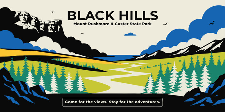 USA, US, U.S, United States - Black Hills Travel Poster Illustration &ndash; Mount Rushmore & Custer State Park Artwork with Scenic Hills, Forests, and Bold Retro Design