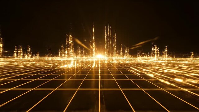 Futuristic cityscape, illuminated with bright golden lines and structures against a dark backdrop