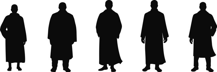 Silhouette illustration of five individuals standing upright in long robes, diverse postures and body shapes, minimal black figures isolated on white background for design concepts © Creative Mind