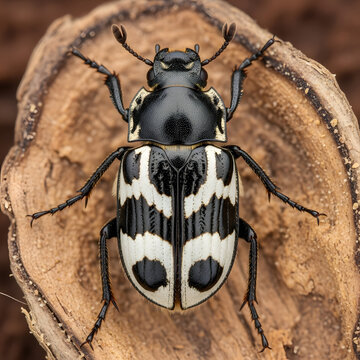 Detailed macro shot of a Larder Beetle (Dermestes lardarius) with striking black and white markings, isolated on transparent background, insect specimen.