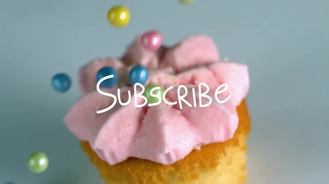 First pearl drop sending pearls onto cupcake, decorating frosting, highlighting Subscribe text