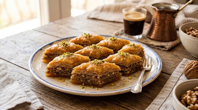 Baklava pastry on a wooden table by a window, layers of filo, nuts and syrup, greek coffee and copper pot close-up view