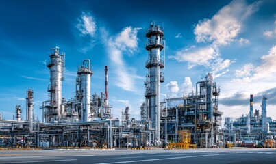 Obraz premium Industrial Oil Refinery Facility Under Bright Sky with Clean Environment Structures
